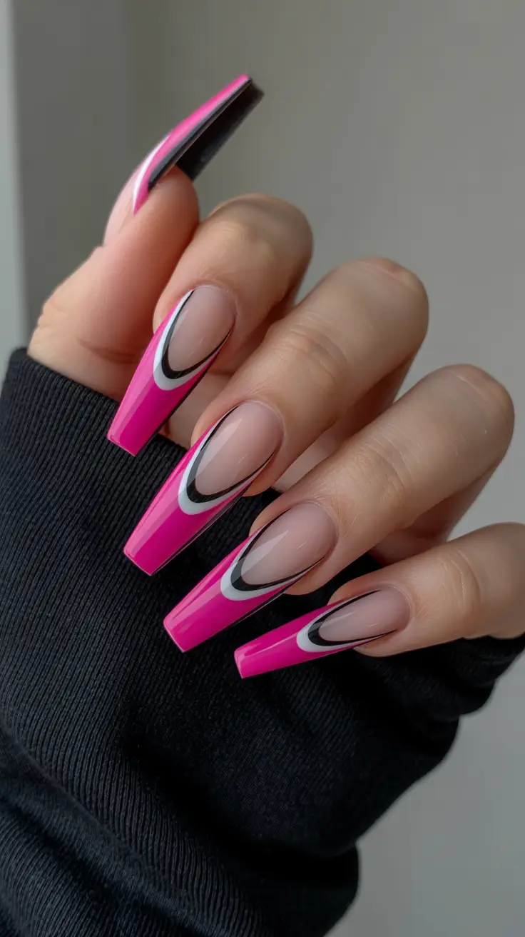 spring nails coffin Hot Pink Graphic French Coffin Nails