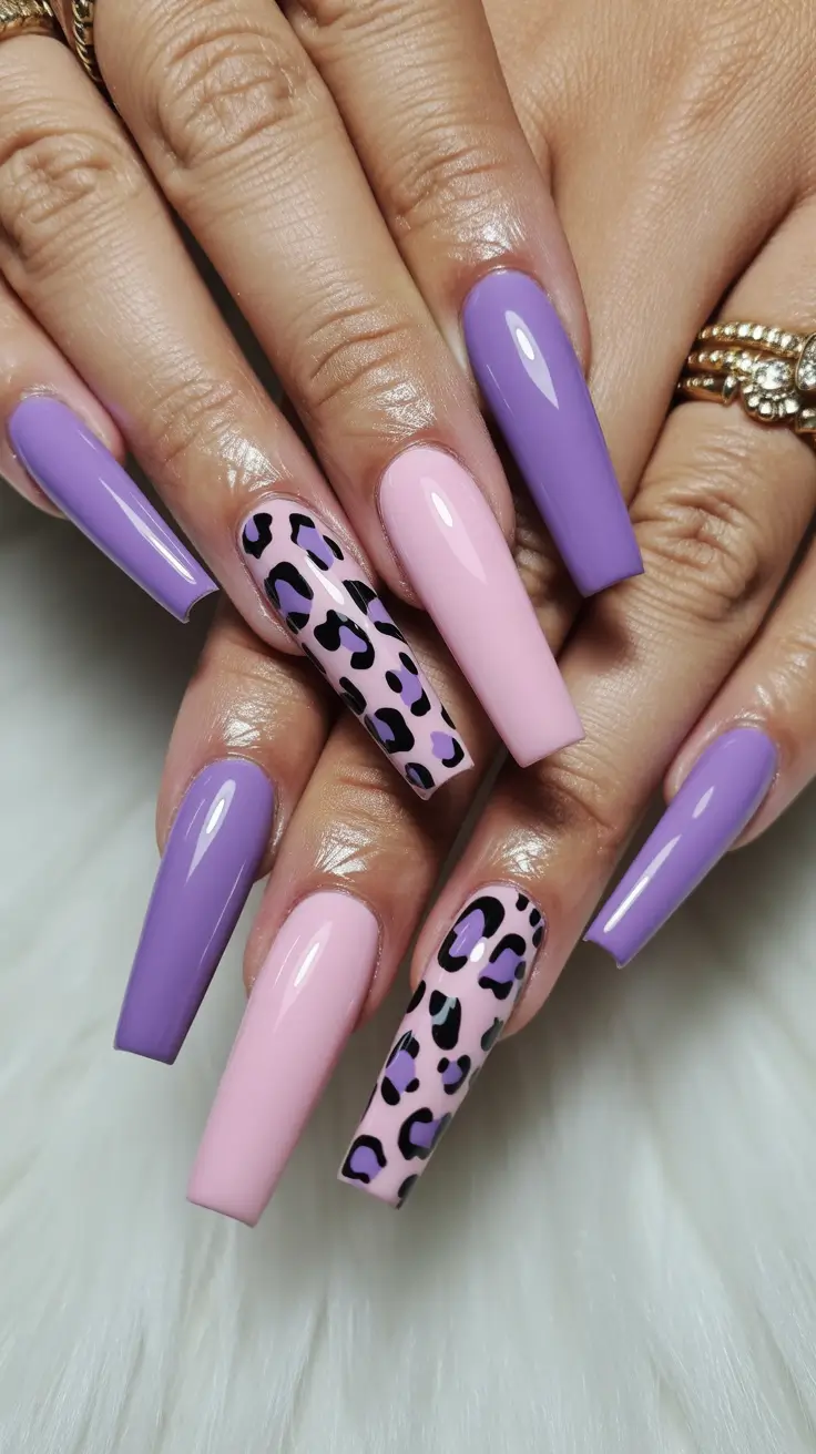 spring nails coffin Lavender and Pink Leopard Accent Nails