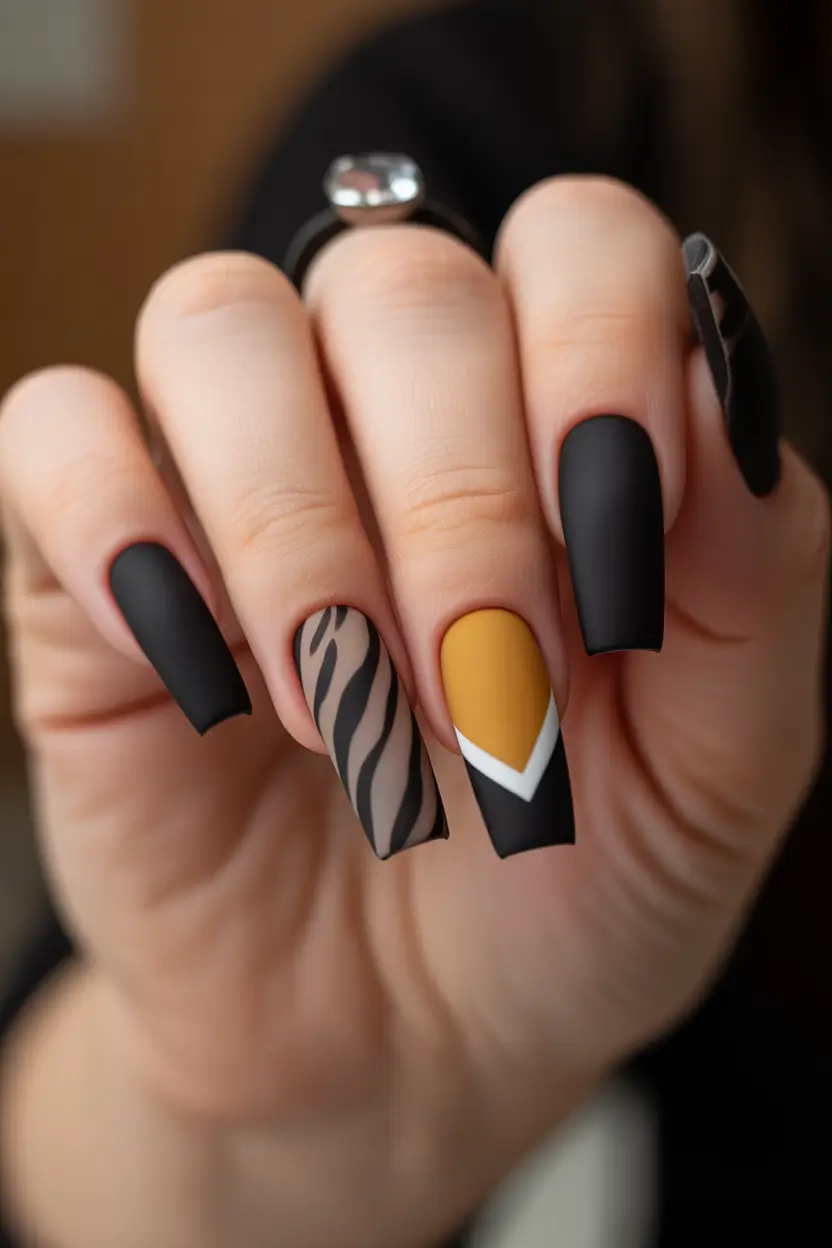 spring nails coffin Matte Black with Modern Graphic Accent
