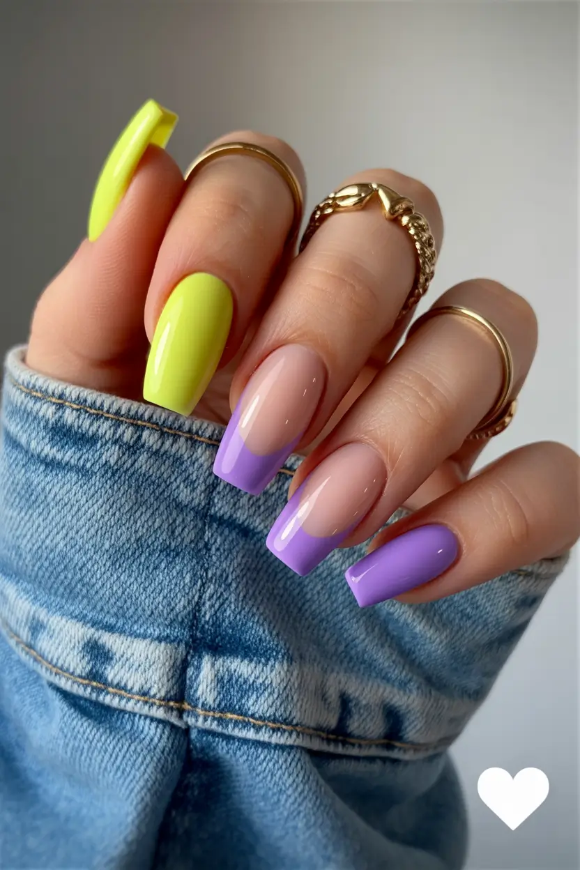 spring nails coffin Lime Green and Lavender Spring Contrast