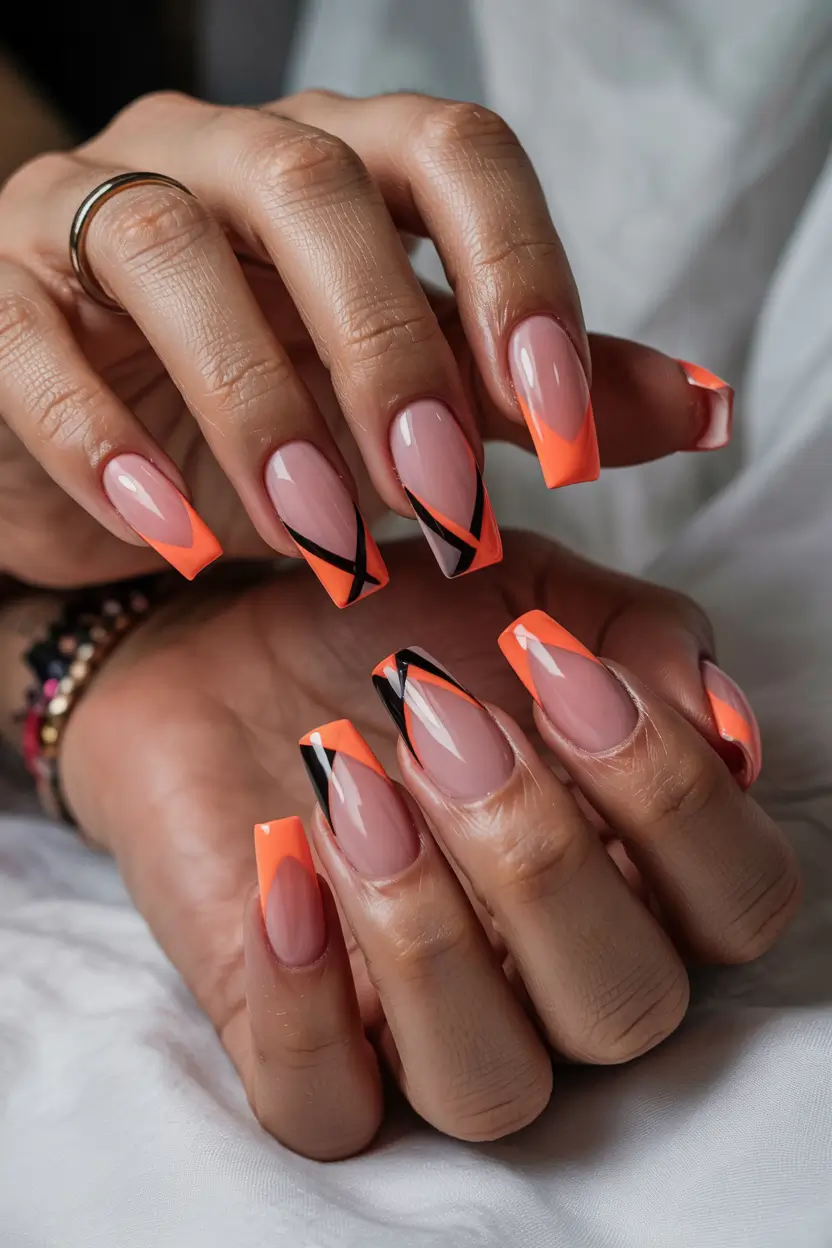 spring nails coffin Neon French with Graphic Black Lines