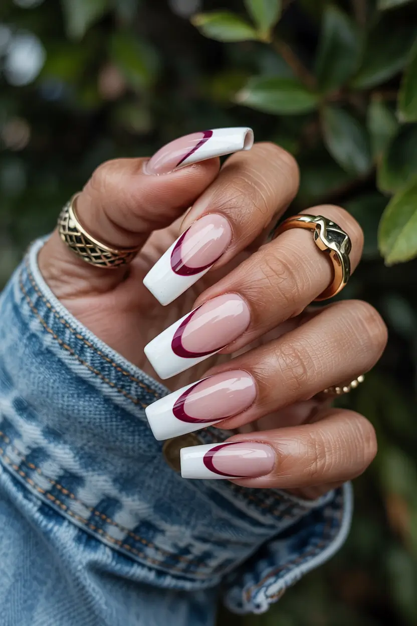 spring nails coffin Modern White French with Burgundy Swirls