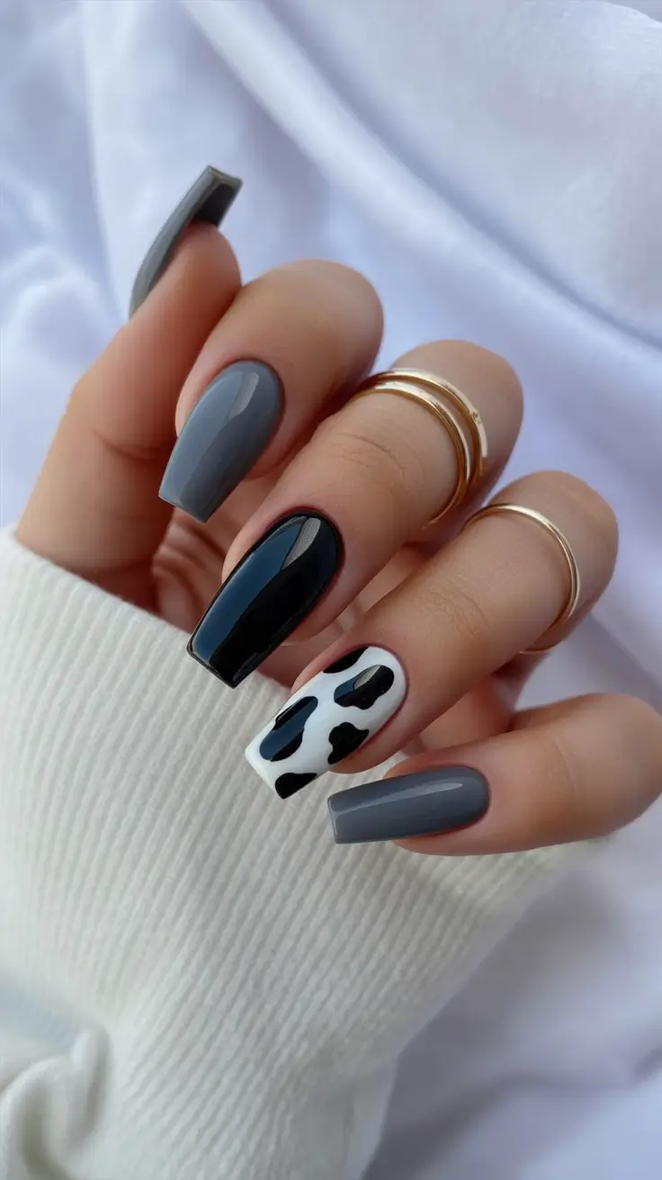 spring nails coffin Grey and Black Contrast with Cow Print Accent