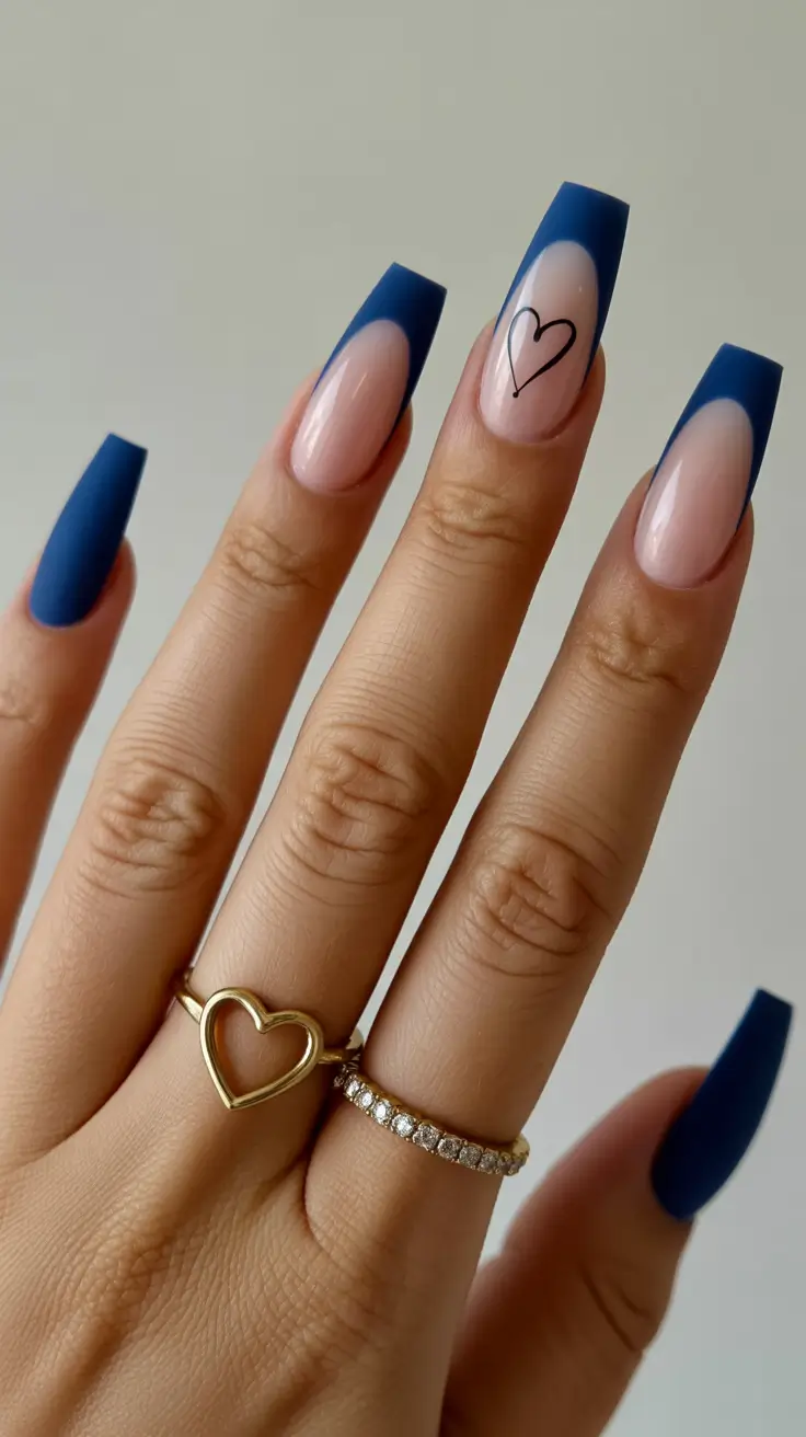 spring nails coffin Deep Blue French Fade with Minimal Heart Accent