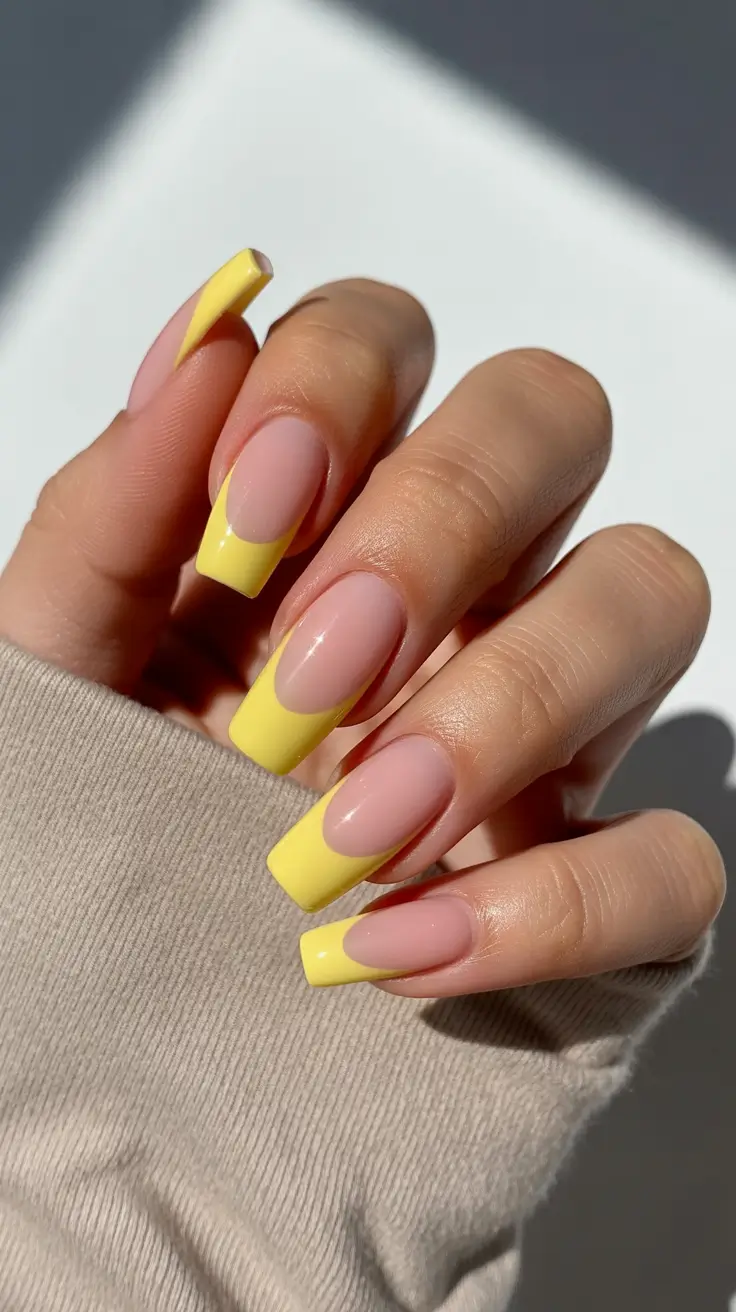spring nails coffin Sunshine Yellow French Coffin Nails