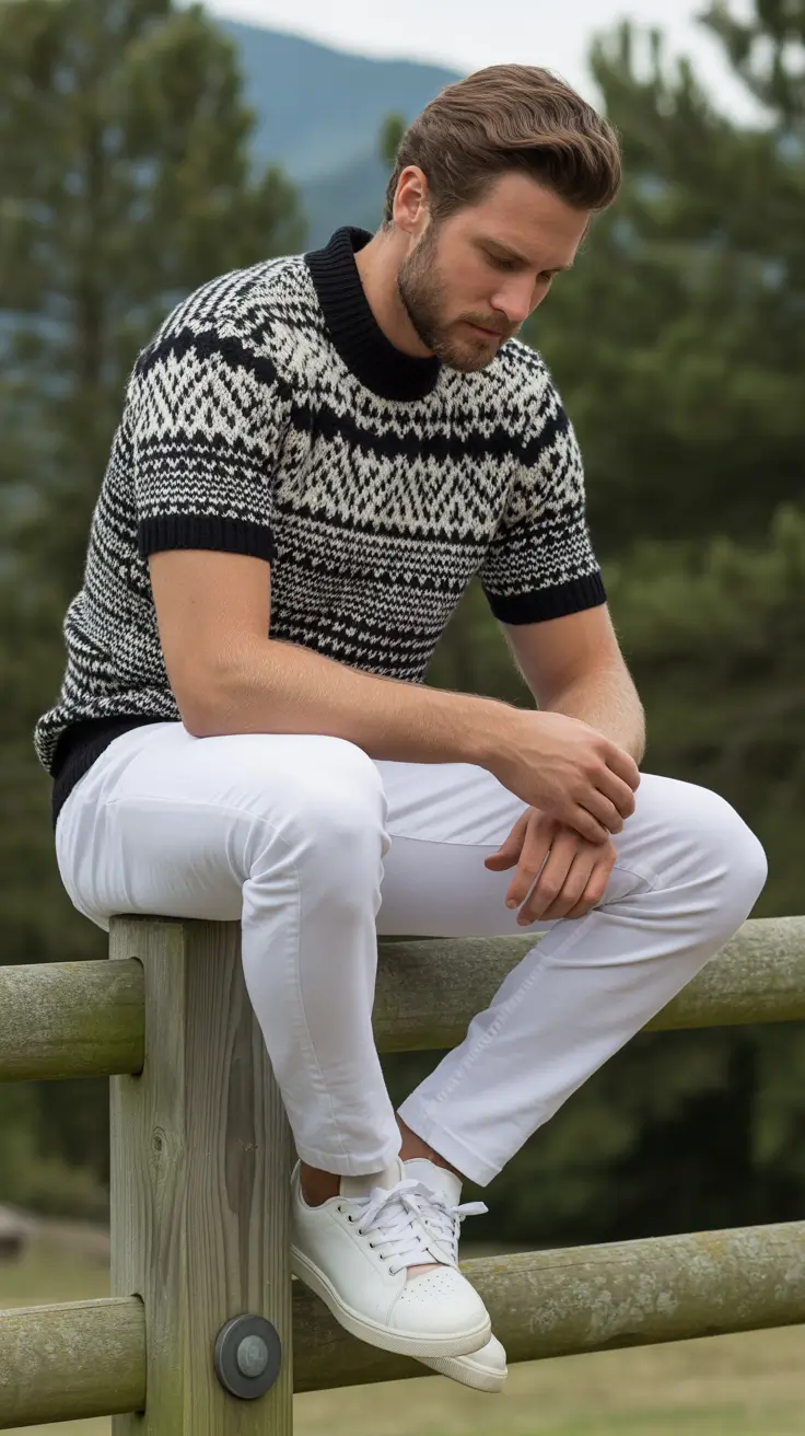 23 casual summer outfits men 2026 Monochrome Contrast With Subtle Cold Weather Influence
