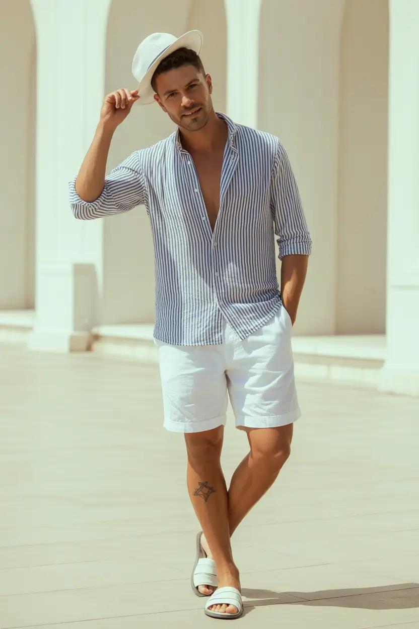 23 casual summer outfits men 2026 Striped Shirt And Coastal Summer Ease