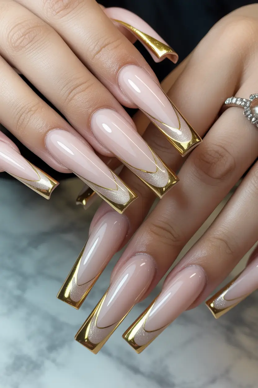 spring long nails Elegant Nude Long Nails with Liquid Gold French Edges
