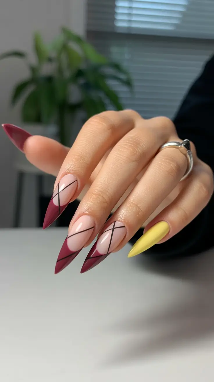 spring long nails Graphic Burgundy and Yellow Spring Stiletto Nail Art