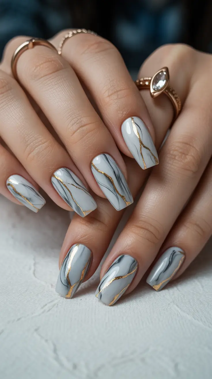 spring long nails Elegant Grey Marble Long Nails with Gold Vein Art