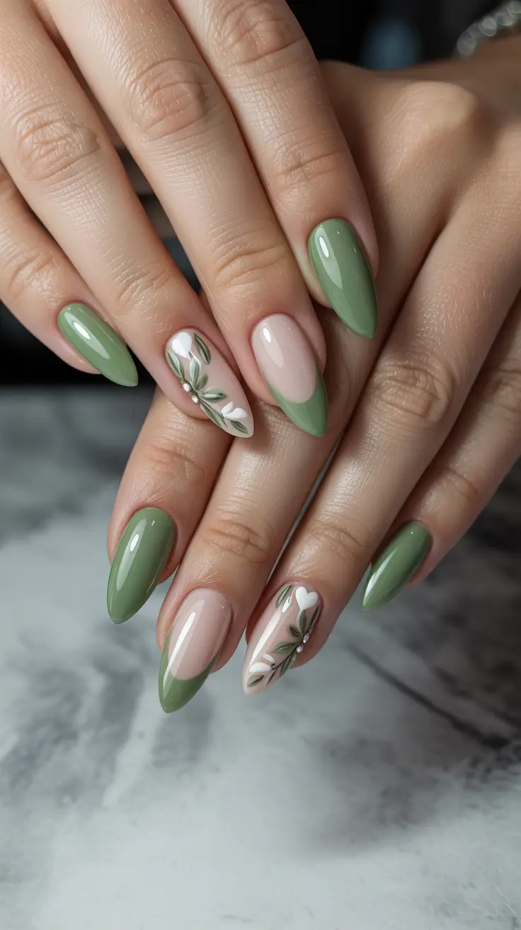 spring long nails Fresh Green Almond Nails with Delicate Botanical Art