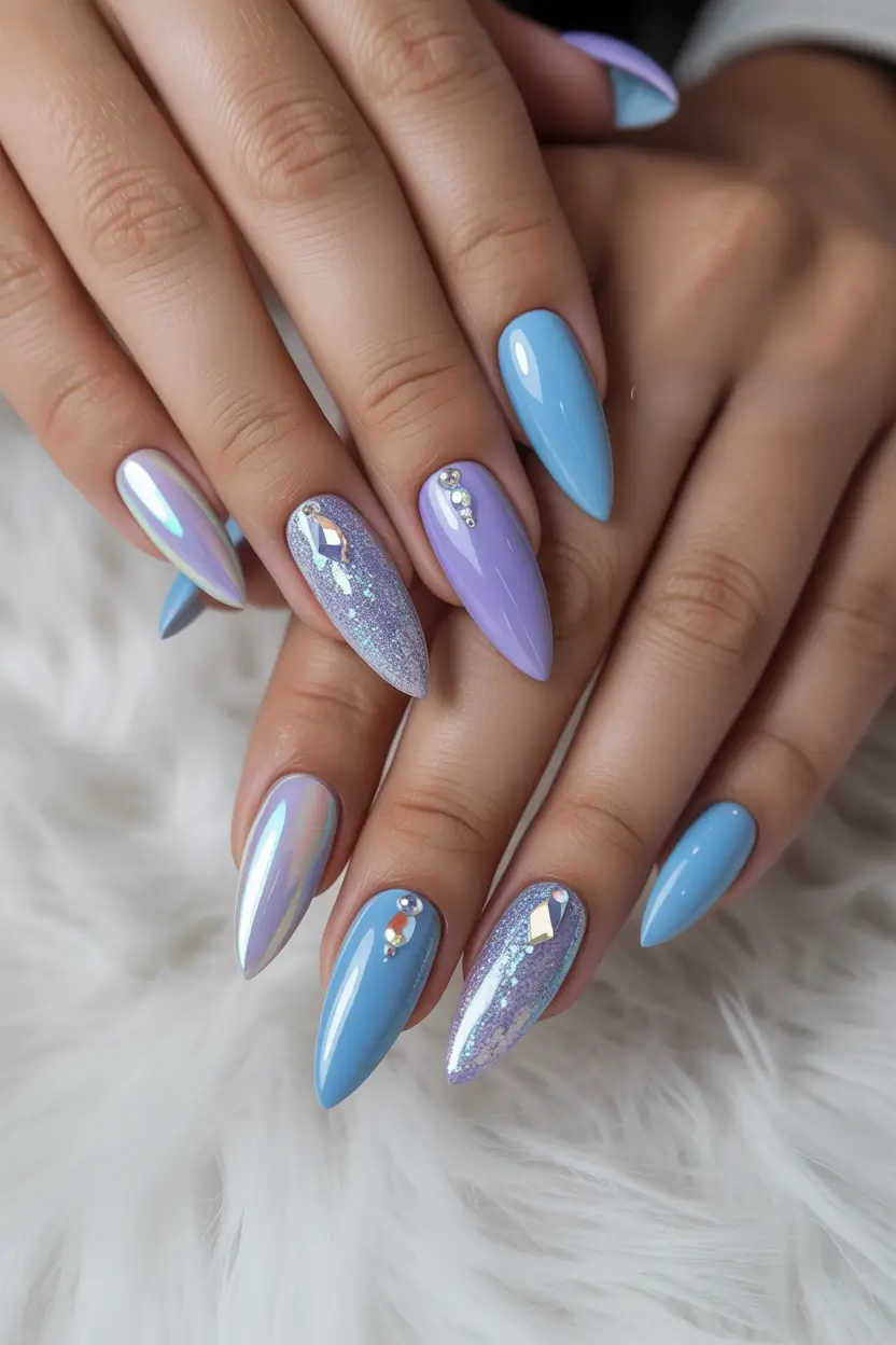 spring long nails Pastel Blue and Lavender Crystal Accent Nail Set