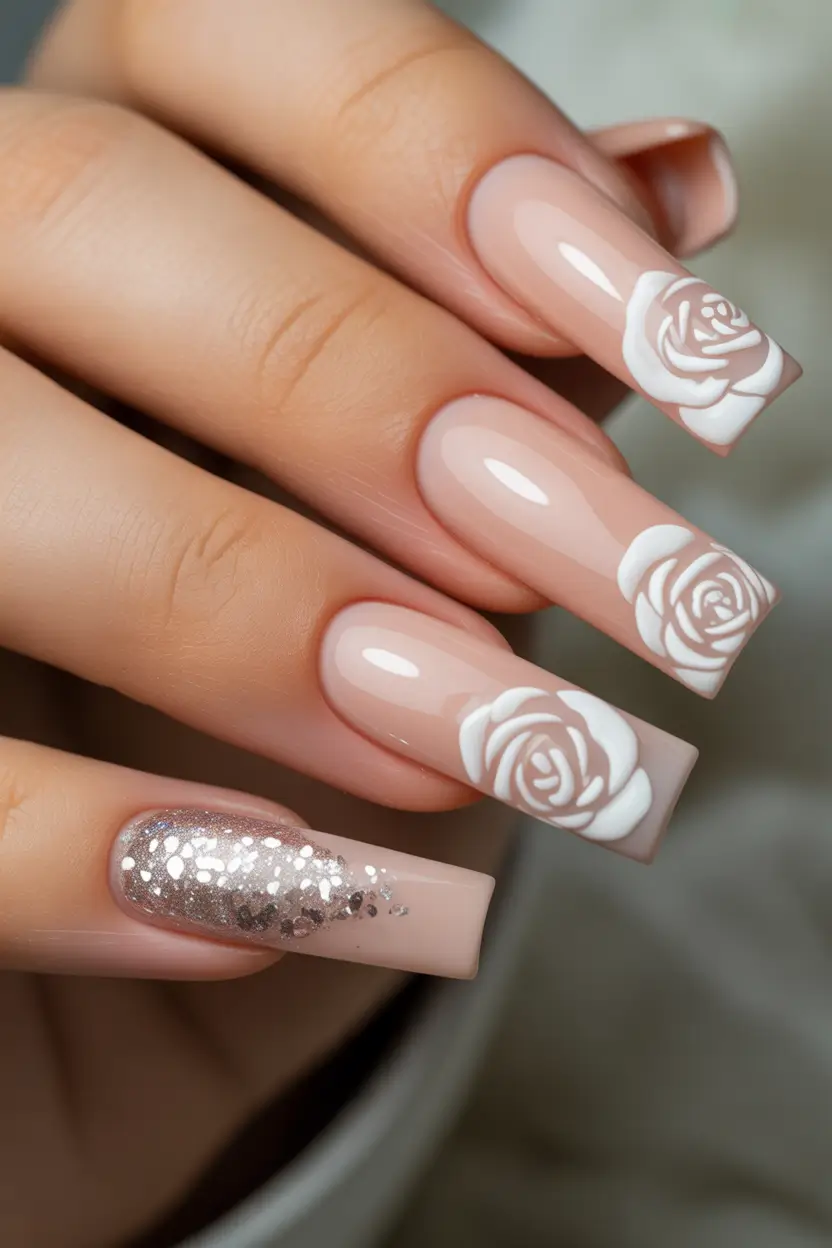 spring long nails Nude Long Nails with White Rose Floral Nail Art