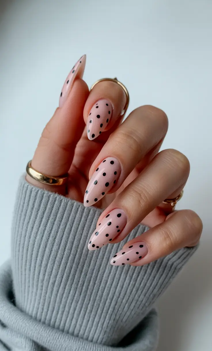 spring long nails Soft Pink Polka Dot Almond Nails for Playful Spring Style