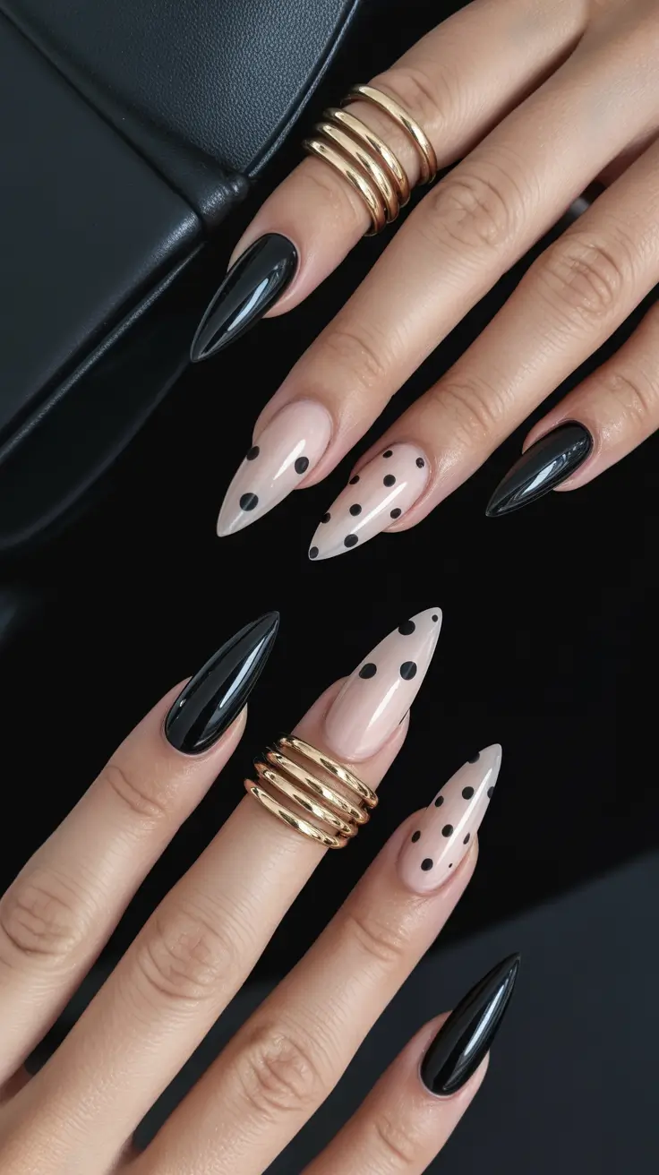 spring long nails Black and Nude Polka Dot Stiletto Nails with Bold Contrast