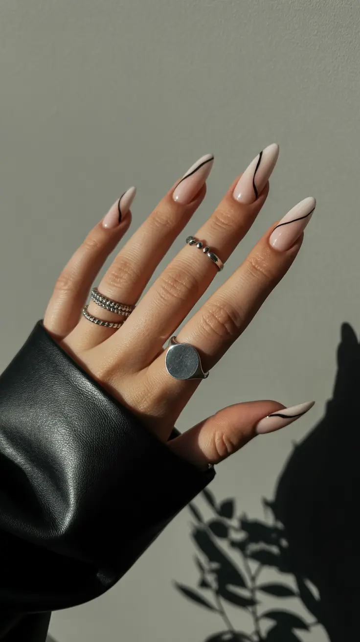 spring long nails Neutral Almond Nails with Minimal Black Line Art