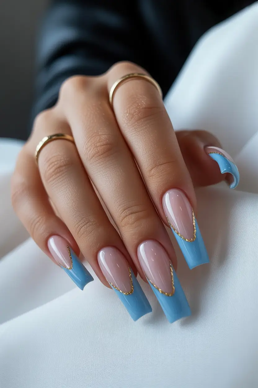spring long nails Soft Sky Blue French Tips with Delicate Gold Lines