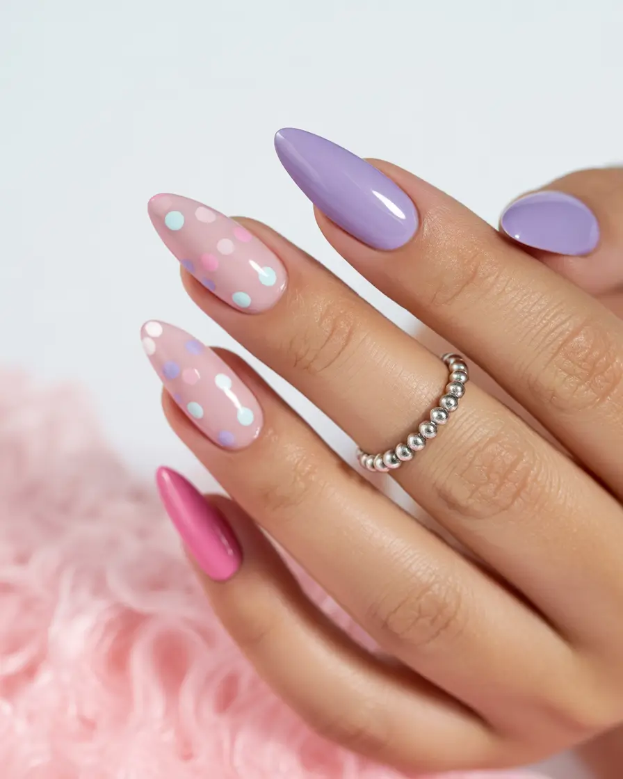 spring long nails Pastel Pink and Lavender Polka Dot Spring Nail Mix