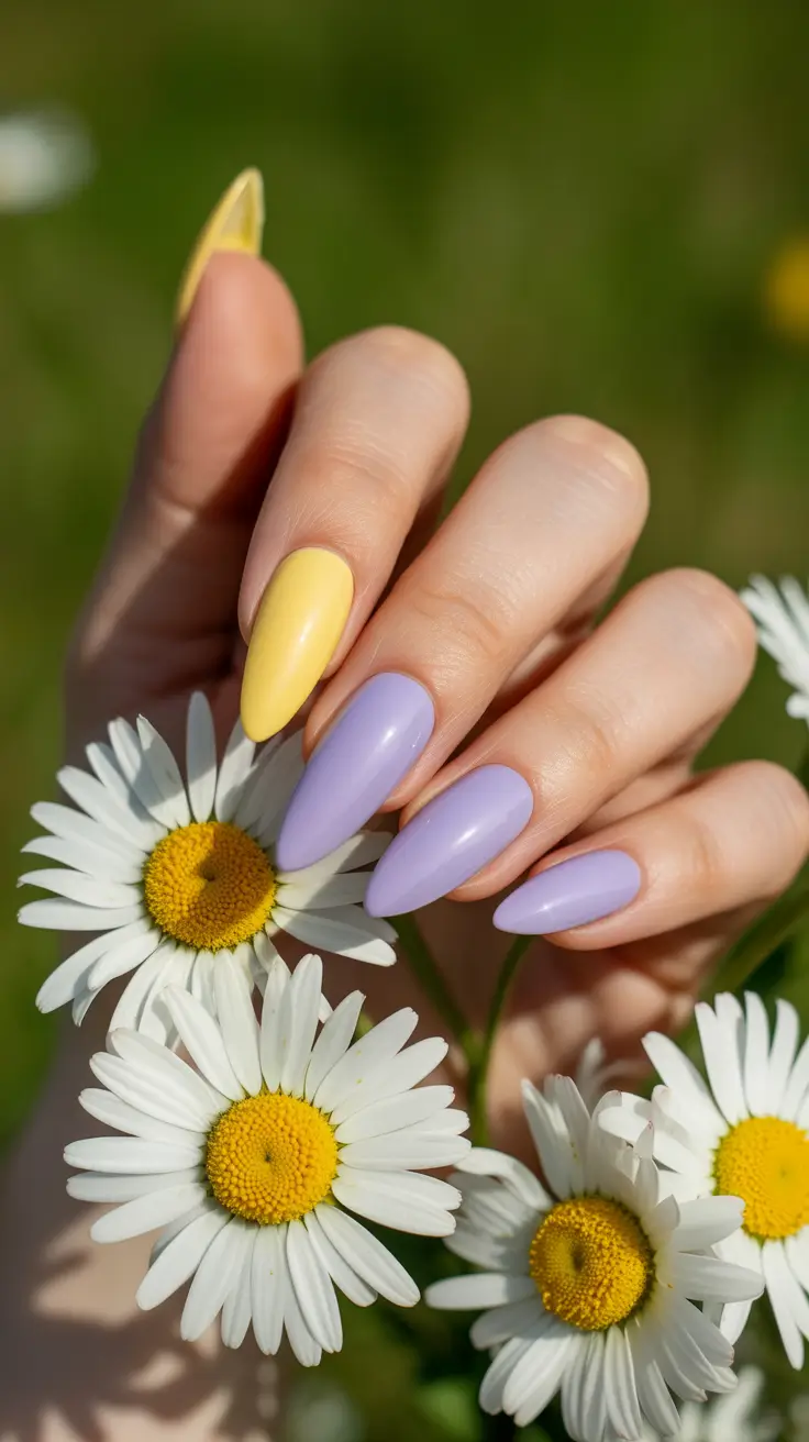 spring long nails Pastel Yellow and Lavender Almond Nails for Bright Spring Energy