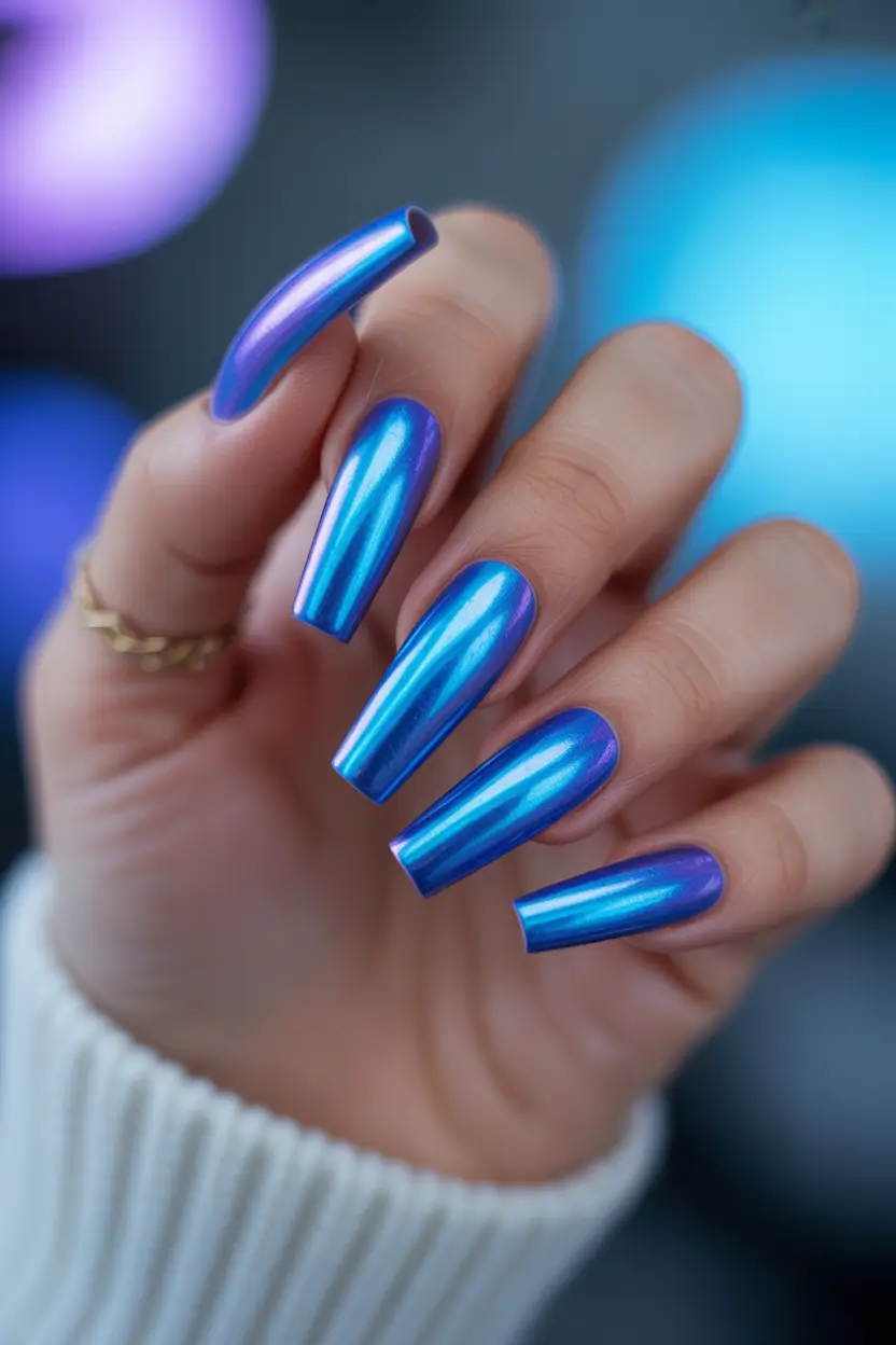 spring long nails Electric Chrome Blue Long Nails for a Futuristic Spring Look