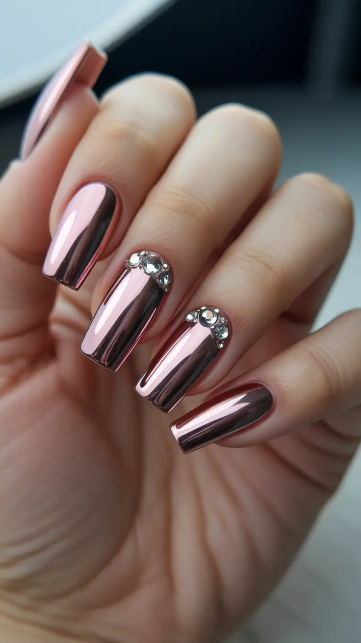 spring long nails Rose Chrome Long Nails with Crystal Accent Details