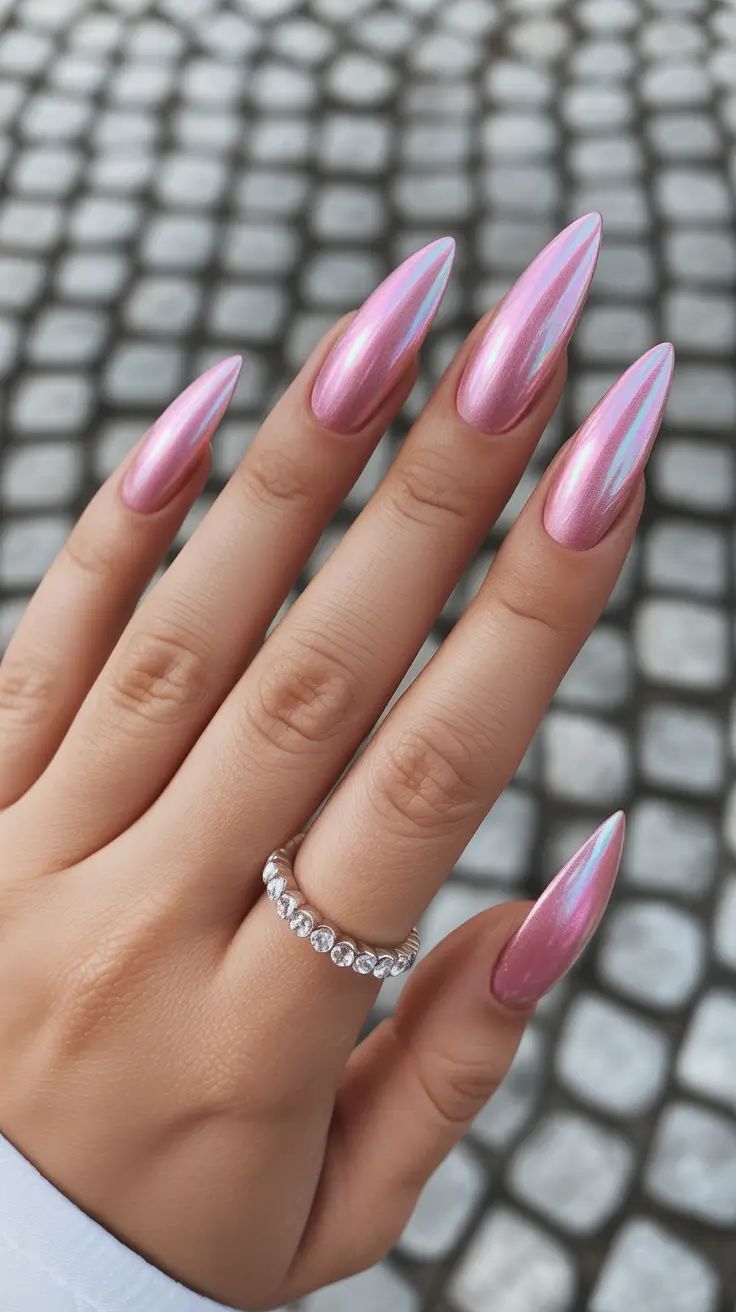 spring long nails Glossy Pink Chrome Almond Nails with Soft Reflective Shine