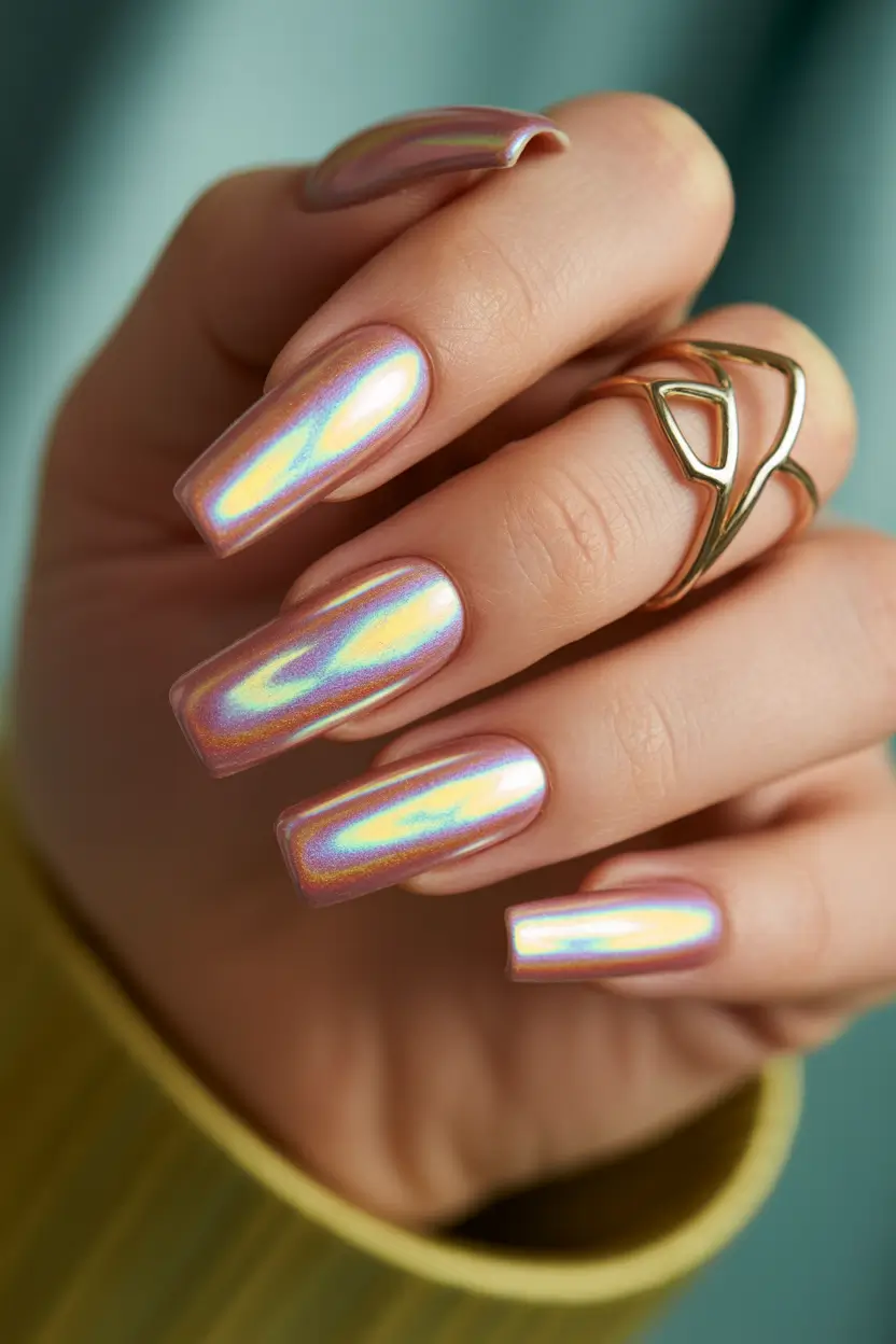 spring long nails Iridescent Holographic Long Nails with Soft Prism Glow