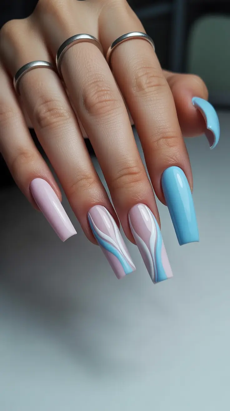 spring long nails Abstract Blue and Pink Wave Art for Modern Spring Nails
