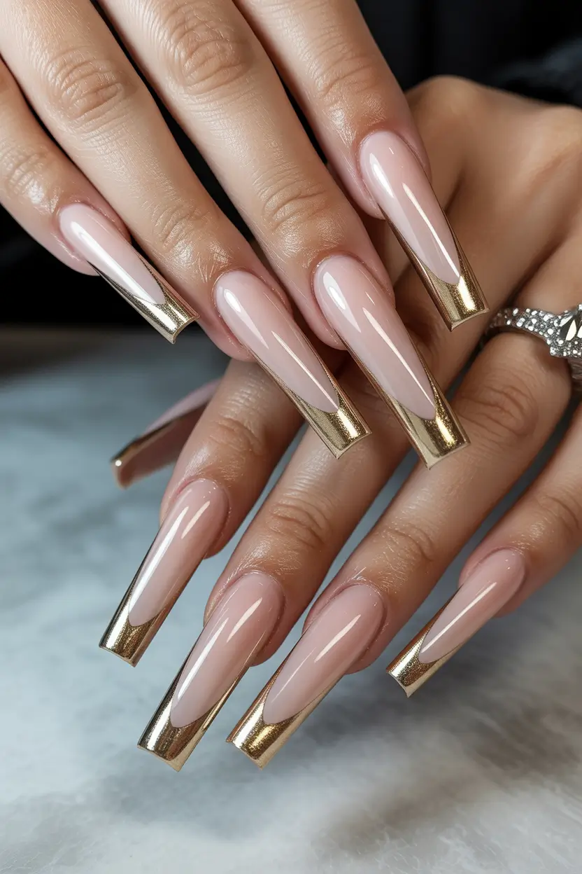spring nails for brown skin Glossy Nude Coffin Nails With Golden Edge Detail