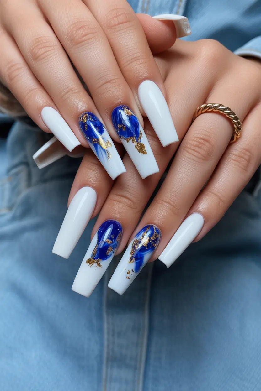 spring nails for brown skin White And Blue Marble Nails With Gold Foil