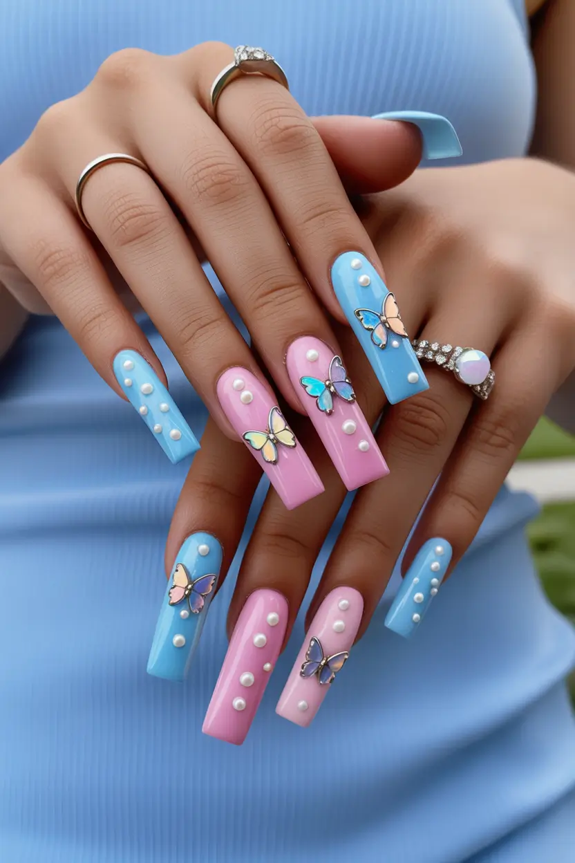 spring nails for brown skin Playful Blue And Pink Butterfly Spring Nails