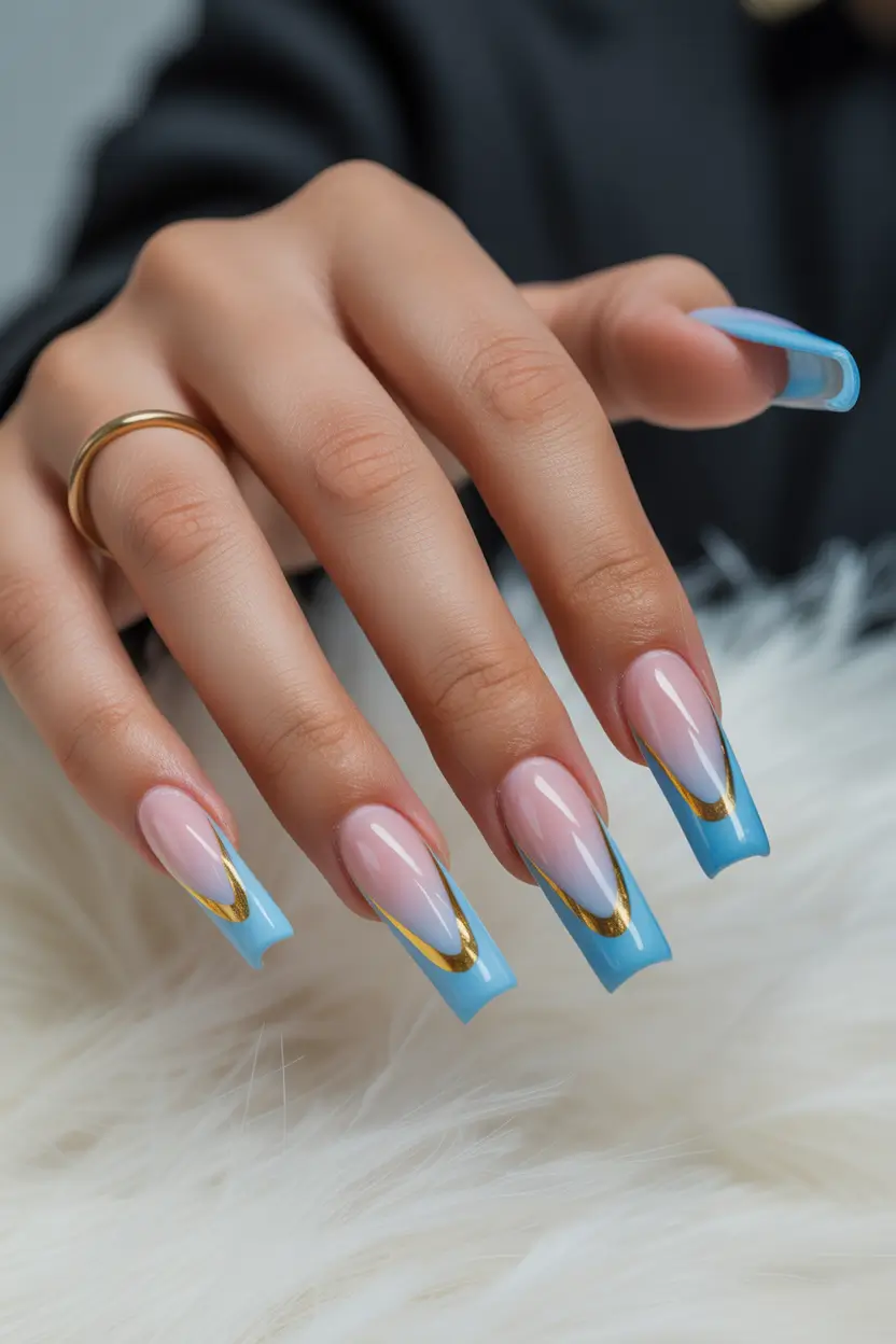 spring nails for brown skin Elegant Blue French Tips With Gold Curve