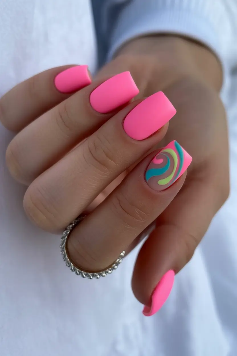 spring nails for brown skin Matte Pink Nails With Retro Swirl Accent