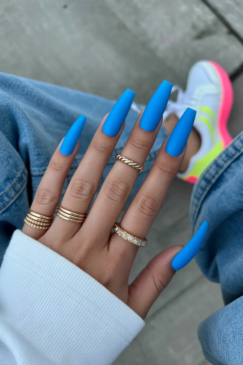 spring nails for brown skin Matte Electric Blue Coffin Nails For Bold Spring Style