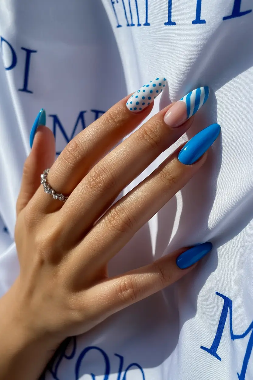 spring nails for brown skin Graphic Blue Polka Dot And Stripe Nail Art
