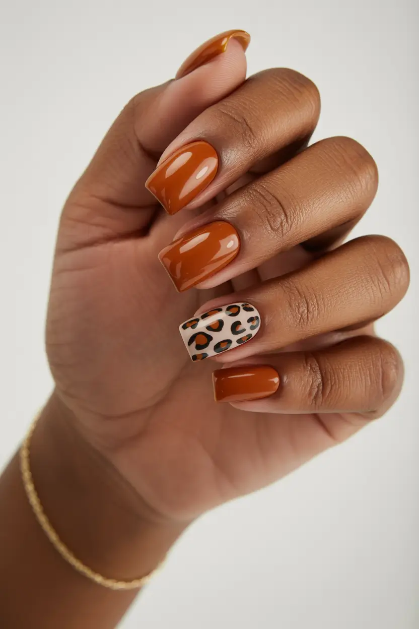 spring nails for brown skin Warm Caramel Nails With Chic Leopard Accent