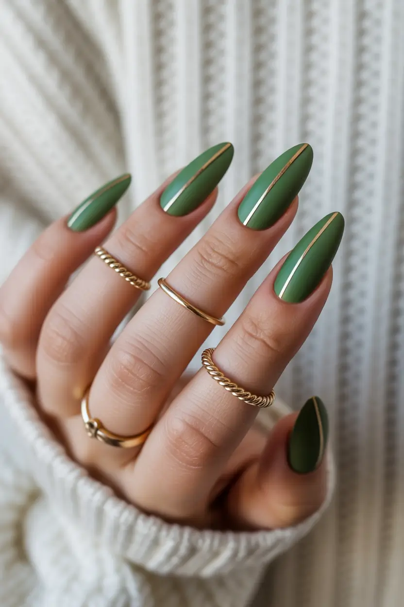 spring nails for brown skin Deep Olive Almond Nails With Minimal Gold Line