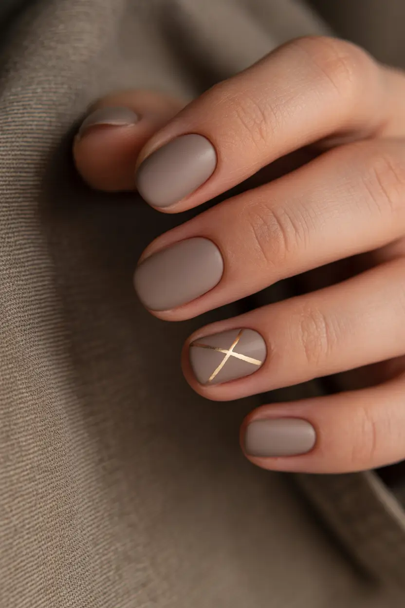 spring nails for brown skin Minimal Taupe Nails With Delicate Gold Line Detail