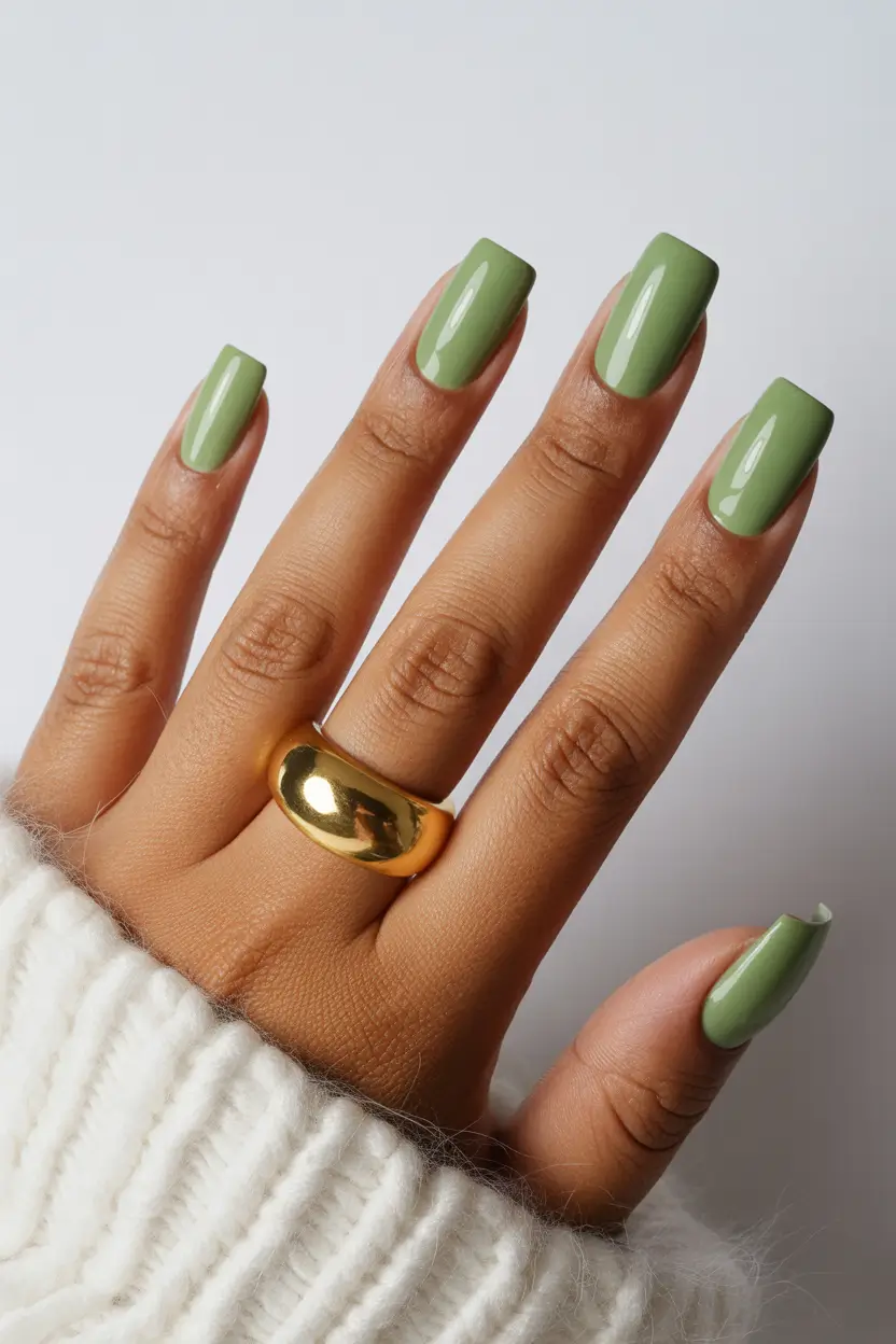 spring nails for brown skin Soft Olive Green Spring Nails For Natural Elegance