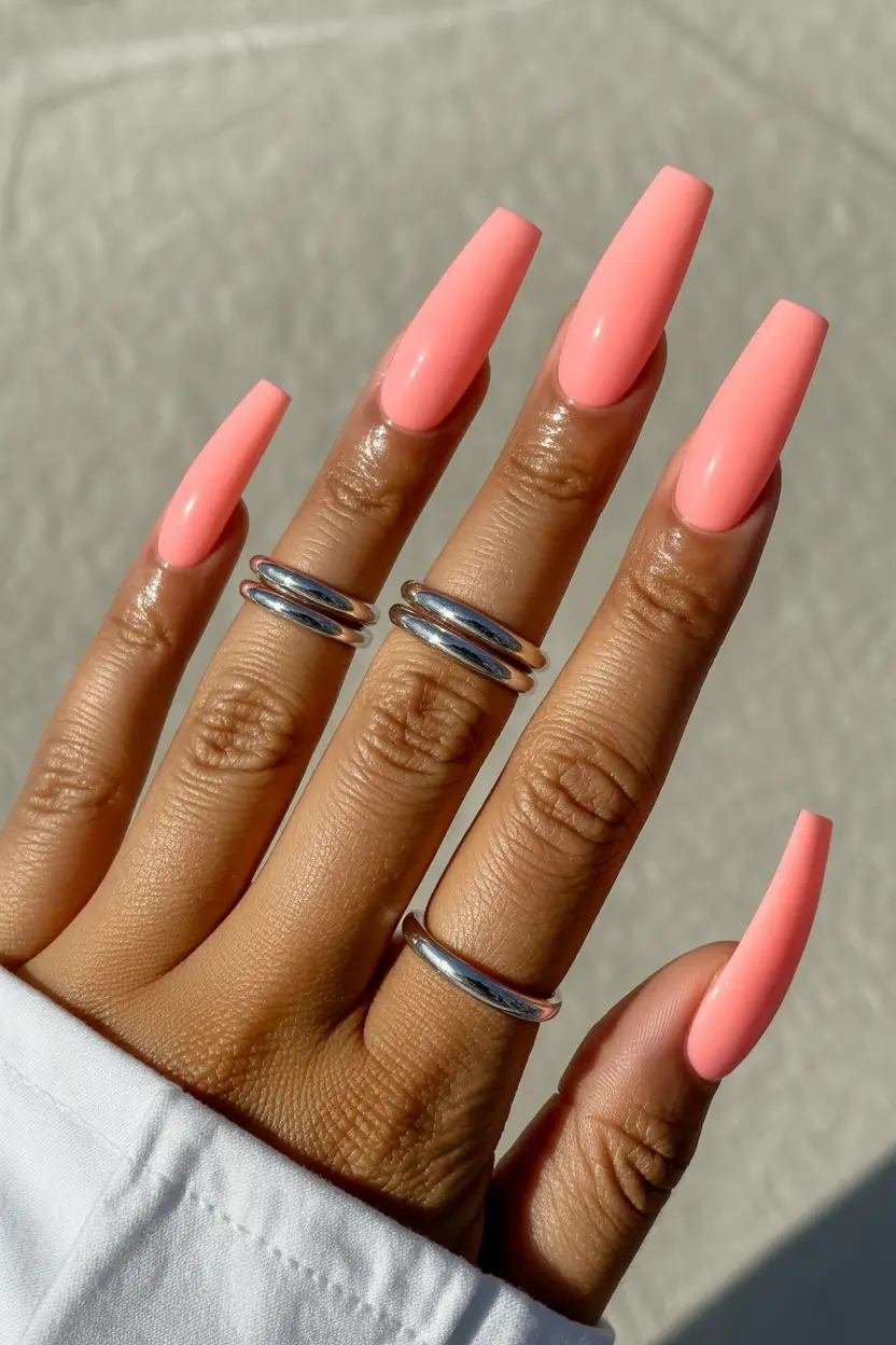 spring nails for brown skin Soft Coral Pink Coffin Nails For Spring Glow