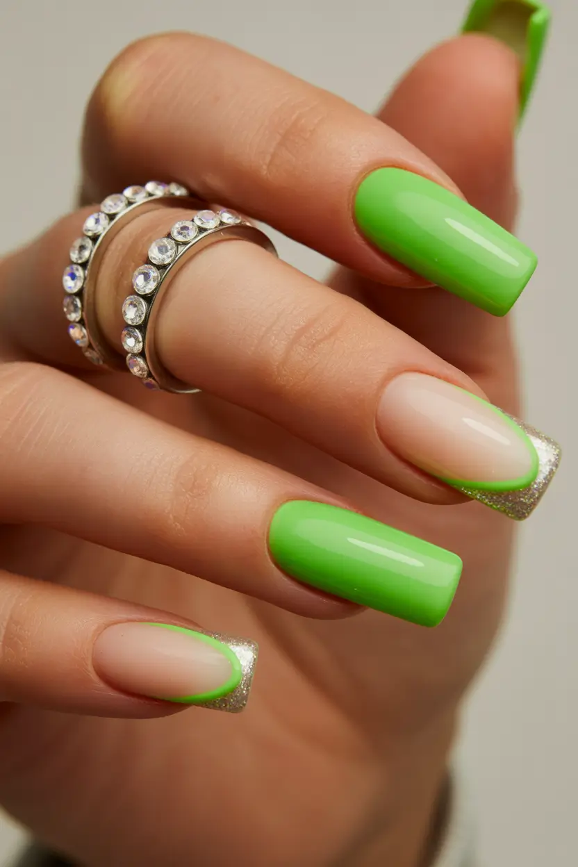 spring nails for brown skin Fresh Lime Green Spring Nails With Glitter French Edge