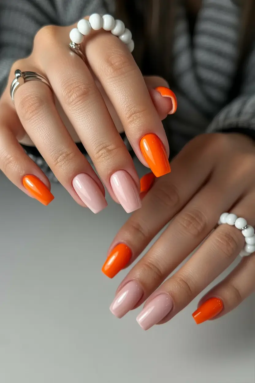 spring nails for brown skin Soft Nude And Vibrant Orange Color Block Nails