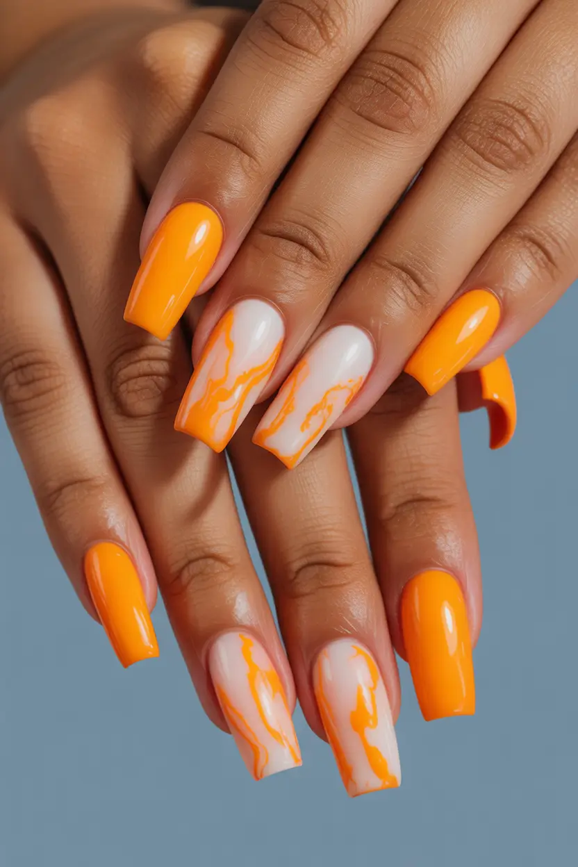 spring nails for brown skin Abstract Orange Marble Spring Nails