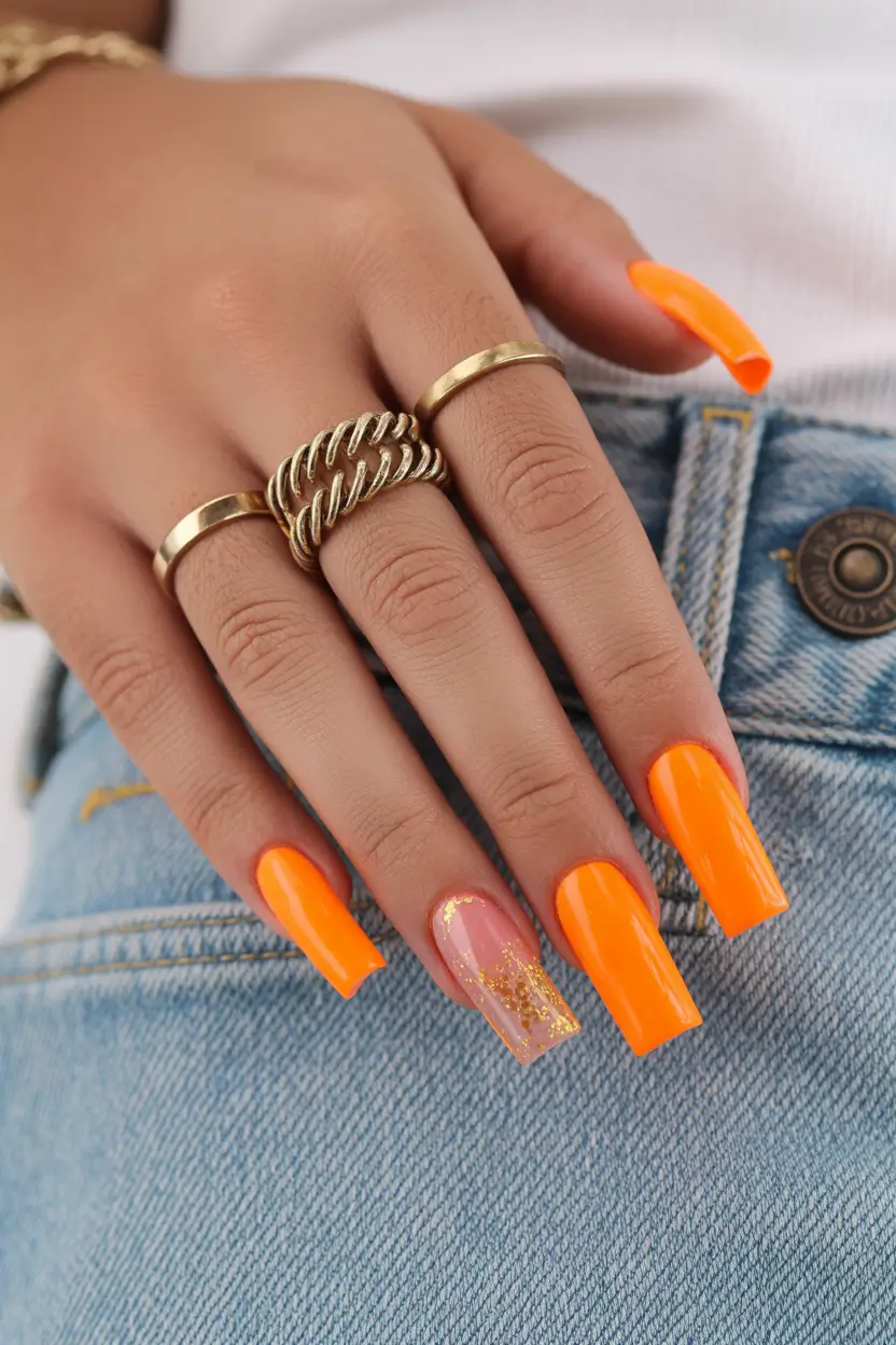 spring nails for brown skin Glossy Neon Orange Nails With Gold Accent