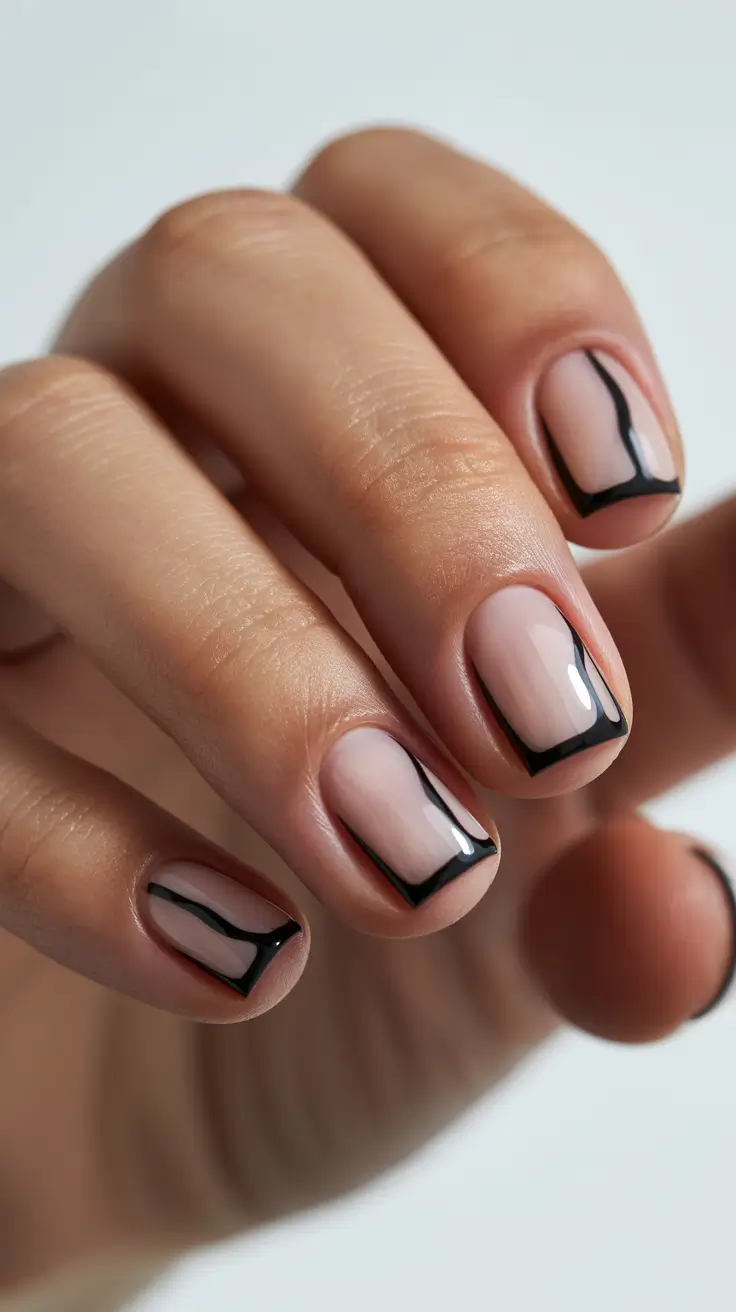 spring short nails Soft Nude with Bold Black Outline - Refined French Evolution