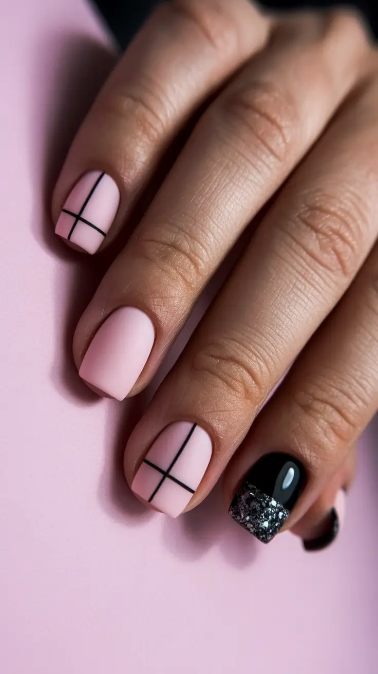 spring short nails Soft Pink Grid Minimalism with Glitter Accent