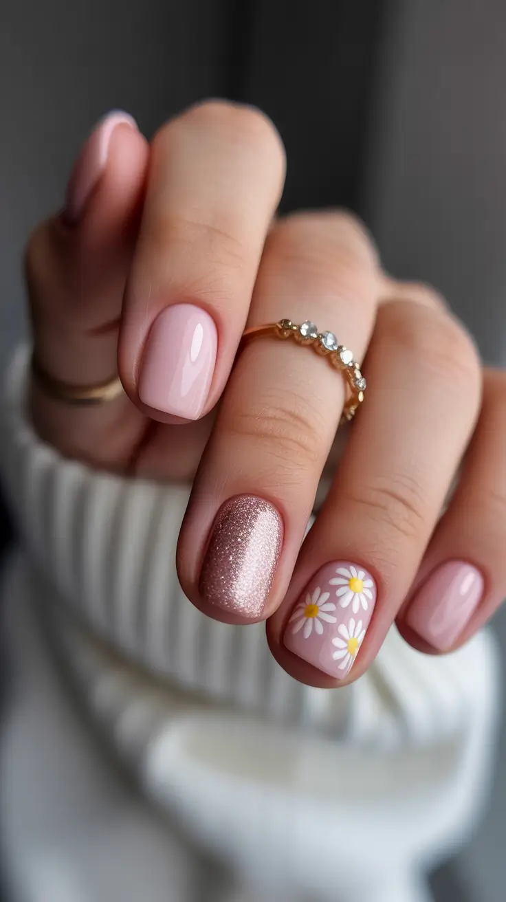 spring short nails Blush Nude with Daisy Accent and Champagne Shimmer