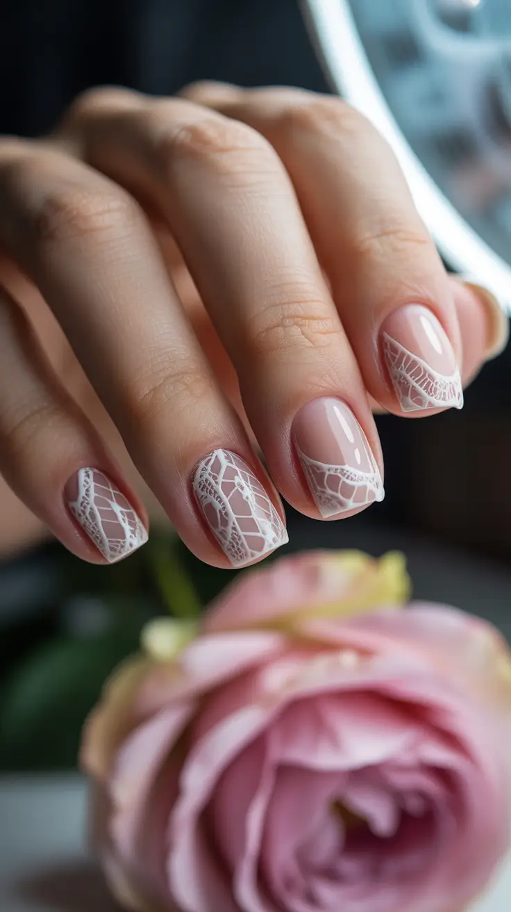 spring short nails Sheer Lace French - Romantic Reinvention