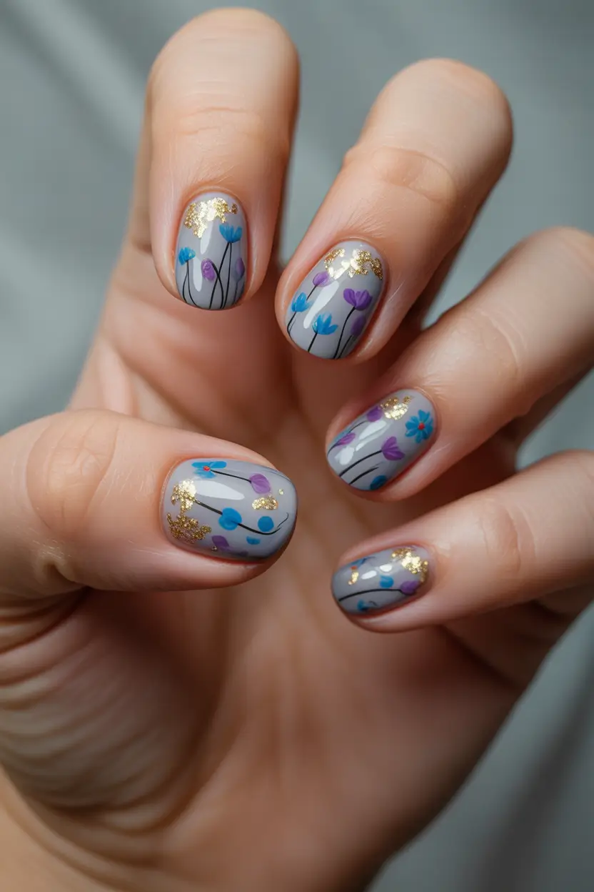spring short nails Grey Floral Field with Gold Flecks