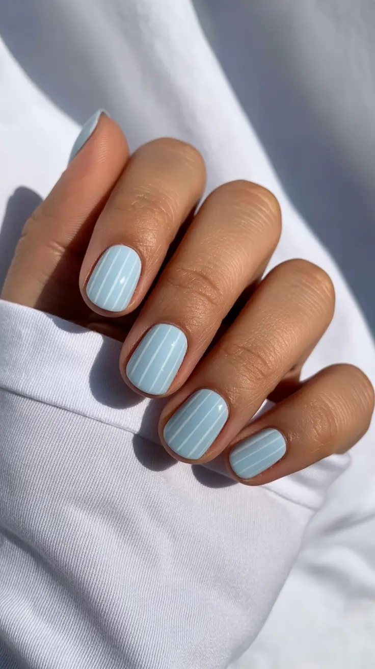 spring short nails Soft Sky Blue with Delicate Stripes - Fresh Air Energy